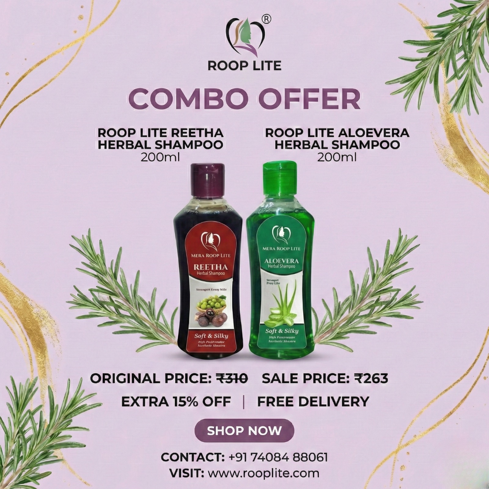 Roop Lite Aloe Vera & Reetha Herbal Shampoo – Pack of 2 (200ml + 200ml)